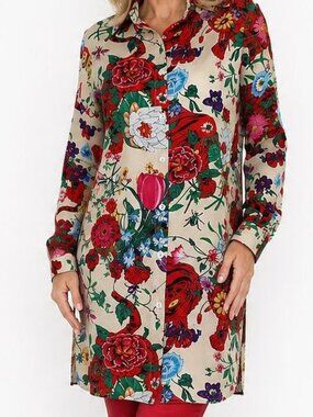 AKIRA L 12 14 Flora Tiger Colorful Asian Fusion Long Tunic Top Dress
